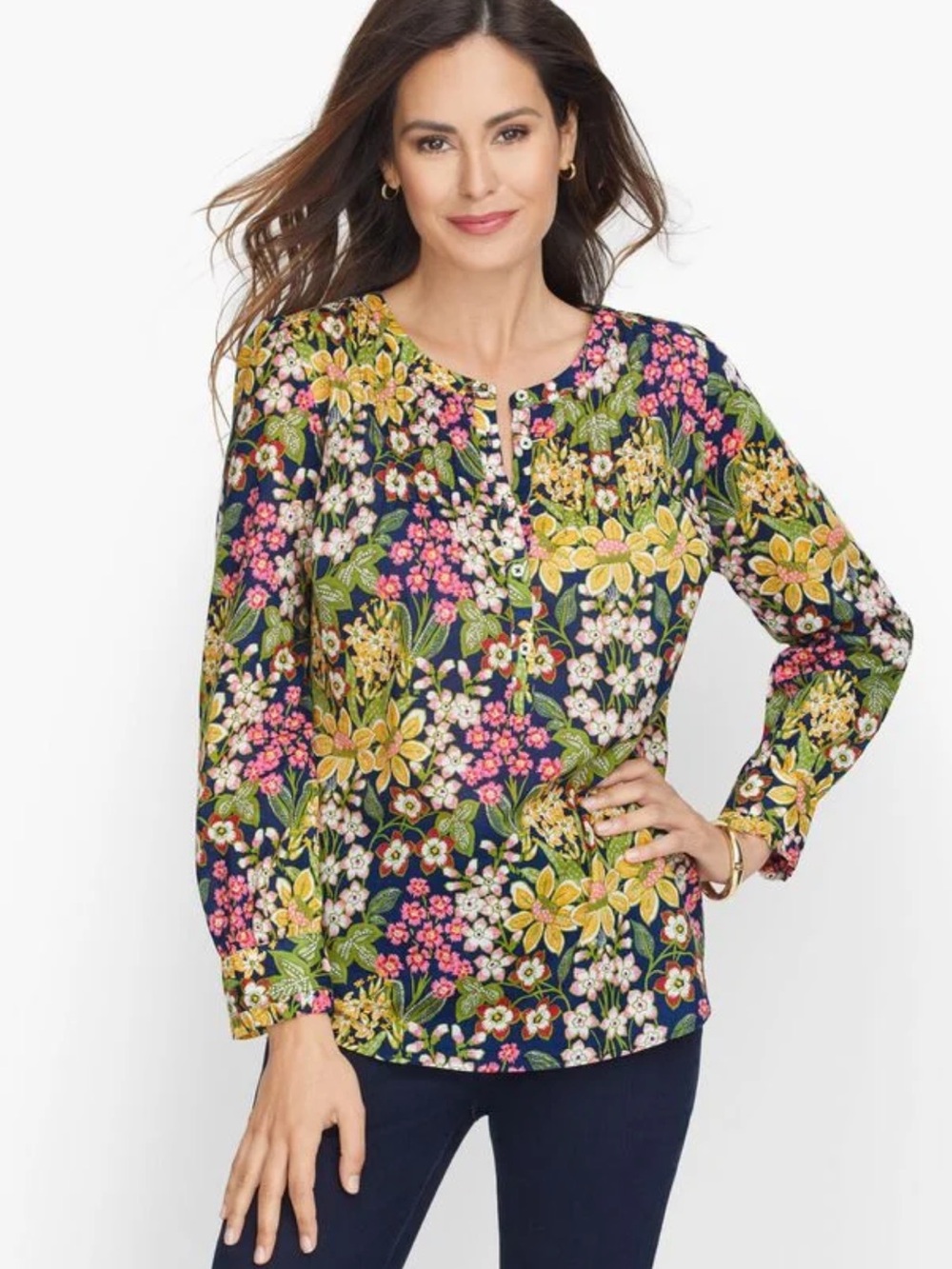 Talbots FEMININE PINTUCK POPOVER Floral Button-Front Long Sleeve Blouse XLP NWT